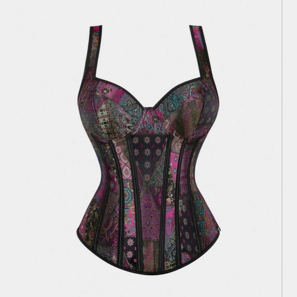 NWT Patchwork Multicolor Floral Jacquard Lace Up Corset SZ L - Picture 8 of 15